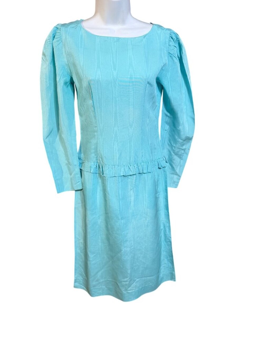 Vintage Light Blue Long Sleeve Dress With Ruffle Waist Detail